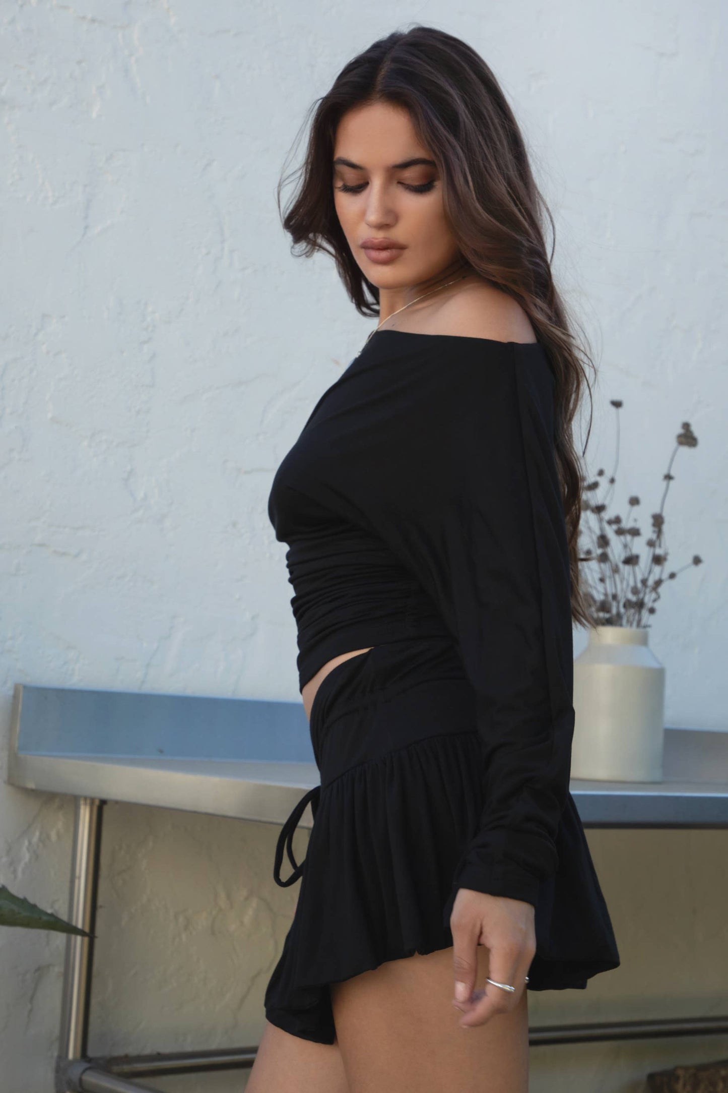 Sora Asymmetric Off-The-Shoulder Long Sleeve Top