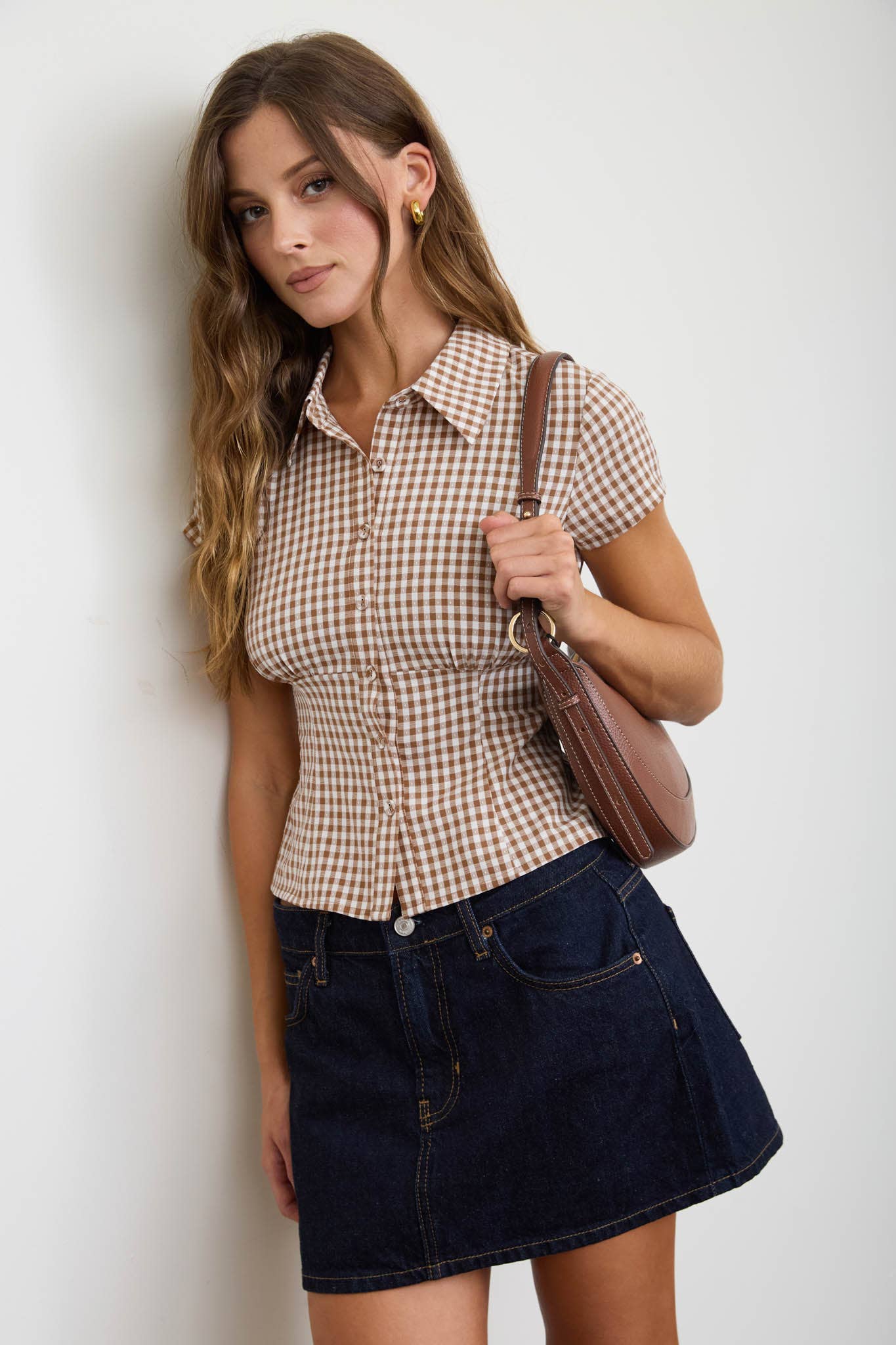 GINGHAM COLLARED SHORT SLEEVE TOP