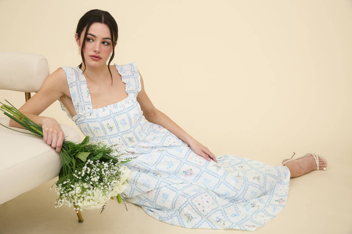Blue Floral Square Neckline Dress