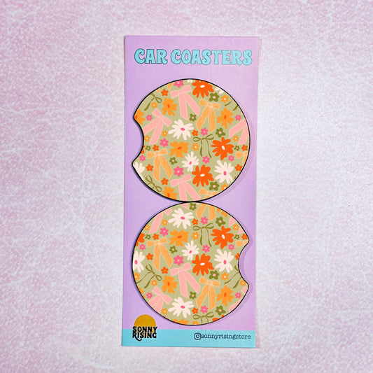 2 Car Coasters, Spring Floral Bow Pattern