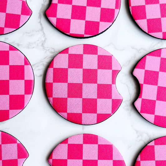 2 Car Coasters, Pink Checkerboard Design